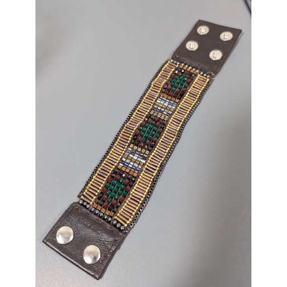 Nakamol Red Green Bead Brown Leather Snap Cuff Wide Bracelet 6.5" - Picture 2 of 9